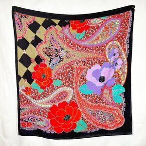Bold Vivid Scarf Square Purple Red Teal Black Floral Paisley Checks Rayon